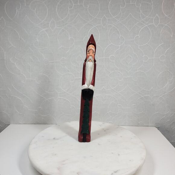 Vintage Folk Art Pencil Santa 13" Red Green Christmas Tree Carved Wood 1975 - Picture 5 of 16
